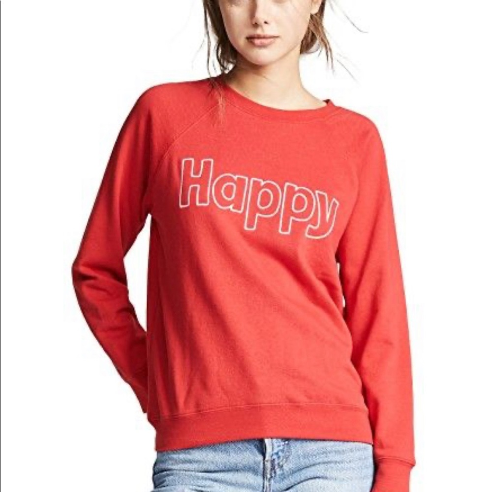 Red “happy” sweatshirt bought from Shopbop. Brand is south parade
